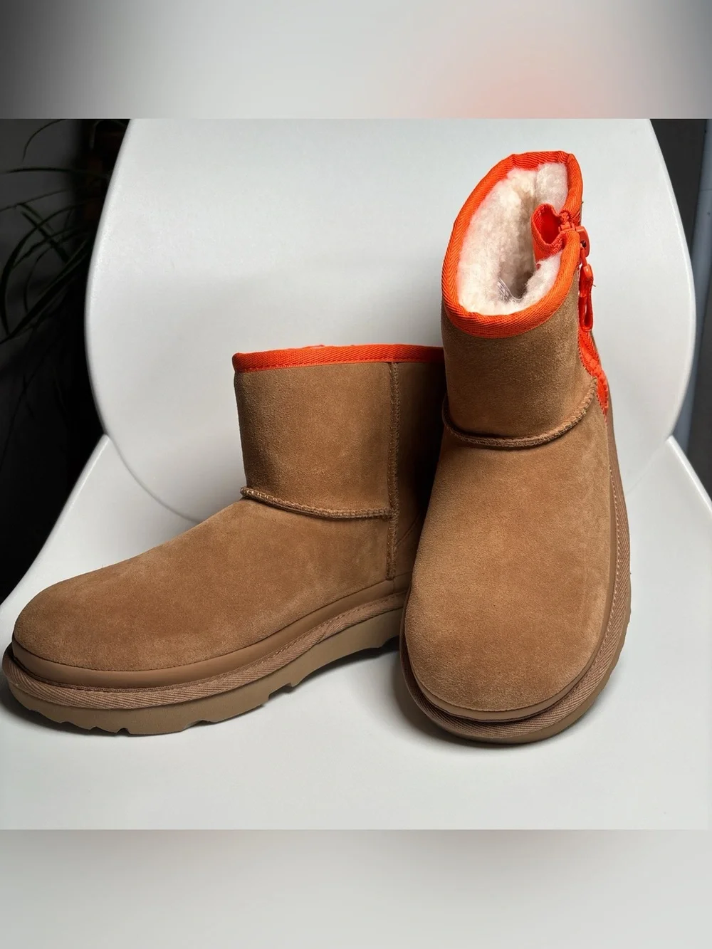 UGG Chestnut Suede Winter Boot with Orange Trim